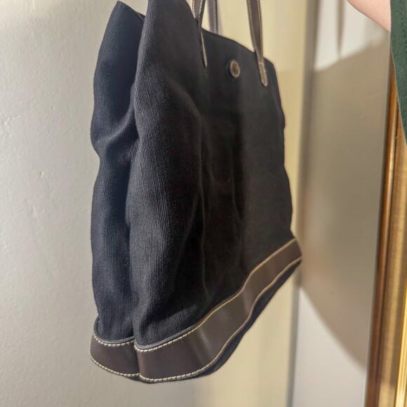 St. John's Bay Black Canvas Tote Bag | Brown Leather Trim | Y2K Minimalist - Picture 5 of 8
